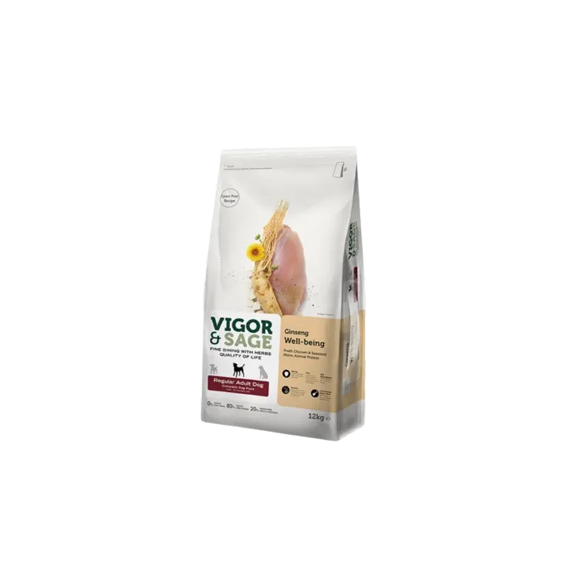 Vigor&Sage GINSENG WELL-BEING – Nourriture POUR CHIEN ADULTE ORDINAIRE 12 Kg