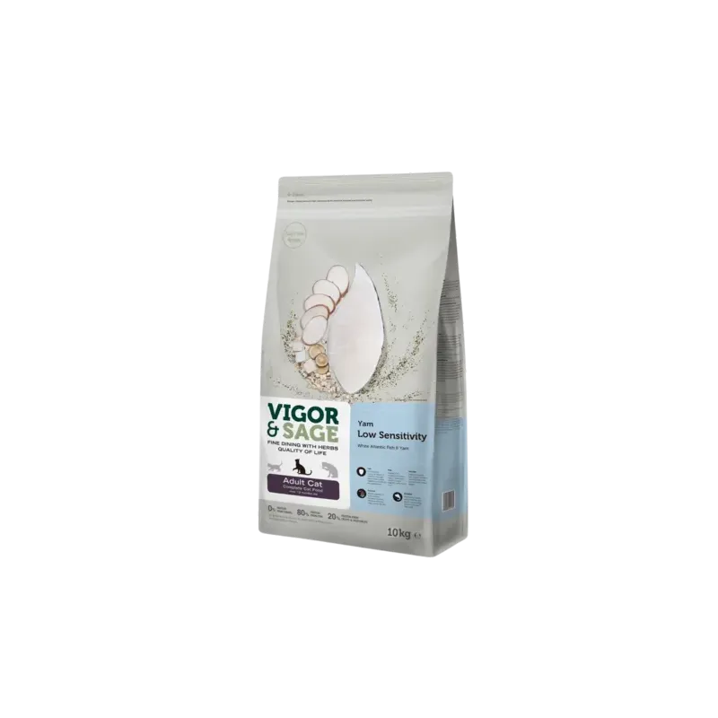 Vigor & Sage White Fish&Yam Low Sensitivity - Nourriture complète pour chats adultes 10kg